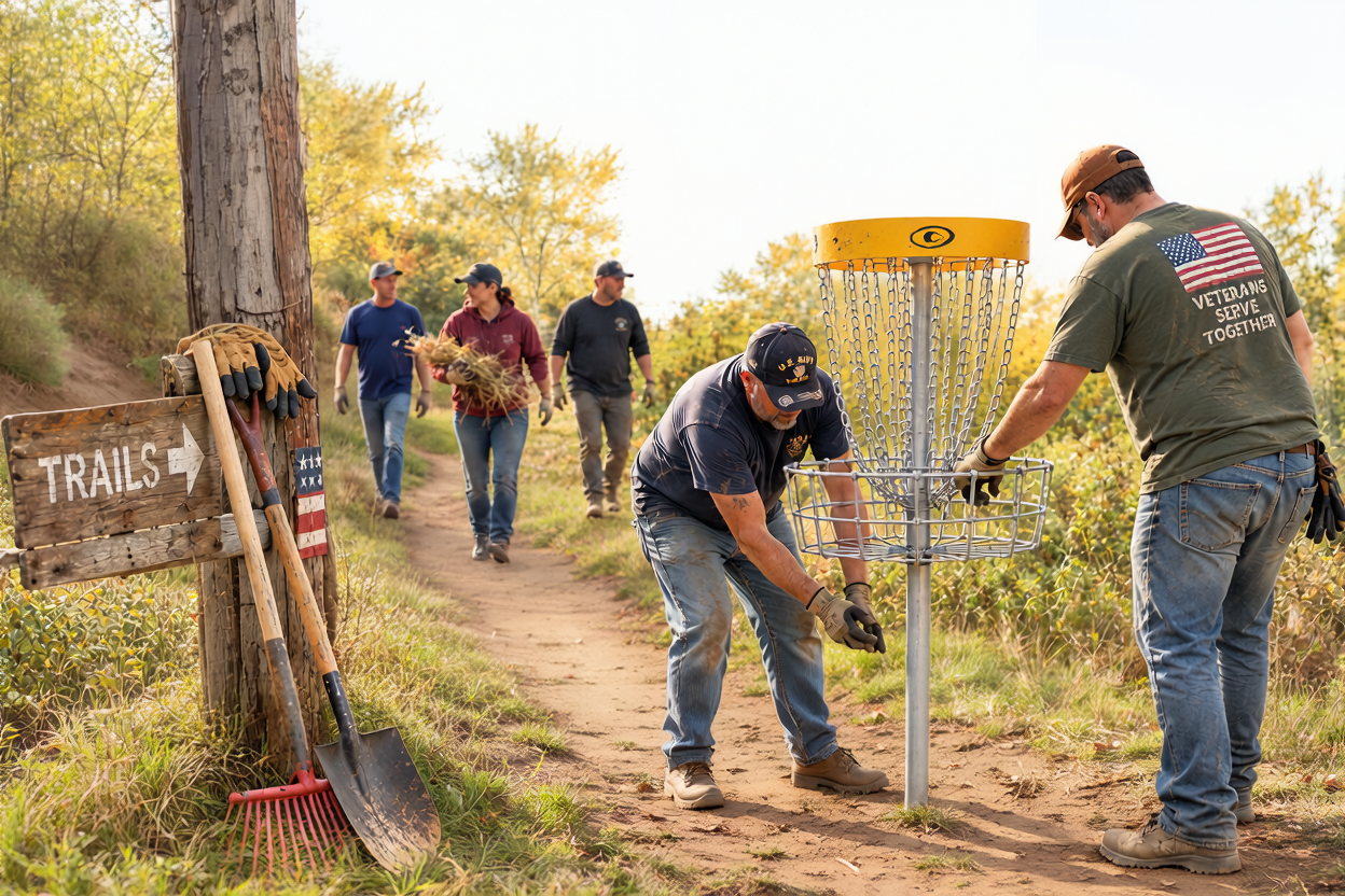 Veterans working on disc golf installation during Veteran Workday