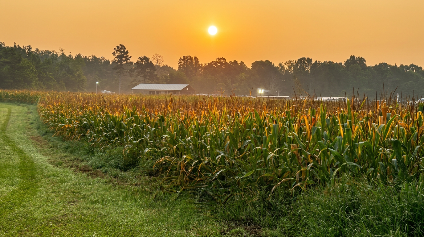 Scenic autumn corn field at golden hour on the farm