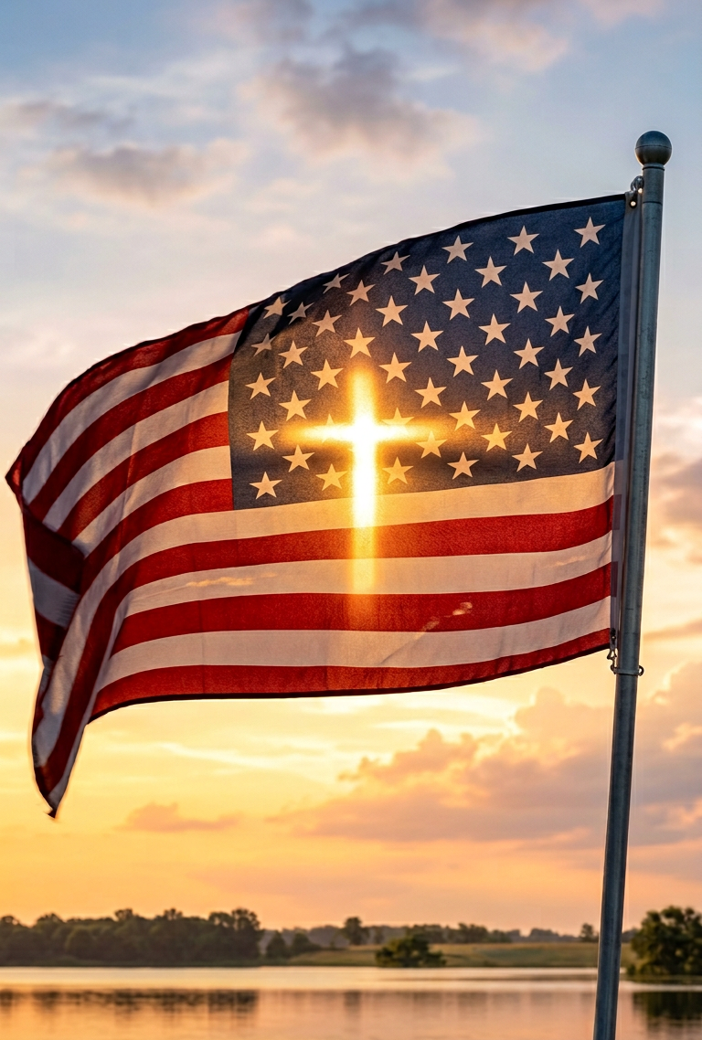 American flag at sunset representing faith and service.