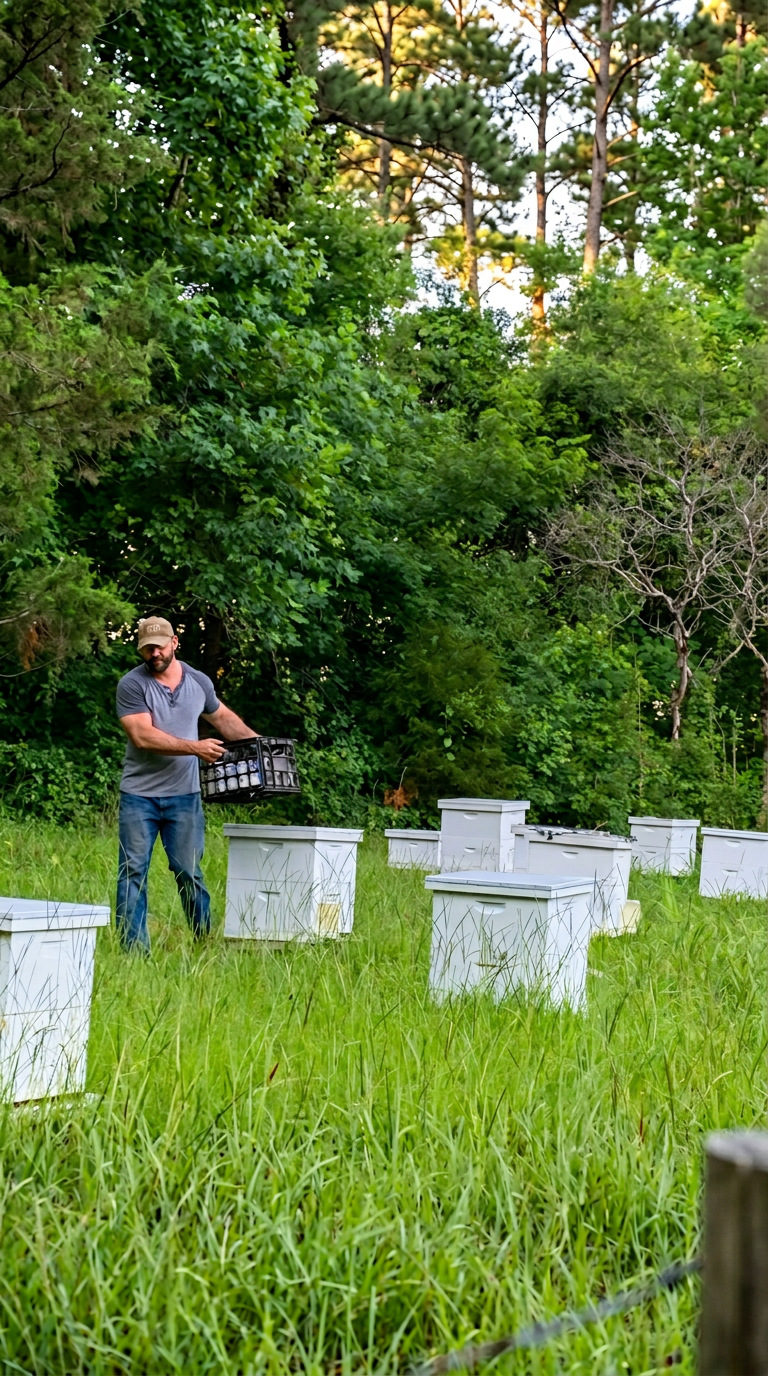 Beekeeper tending hives during seasonal harvest