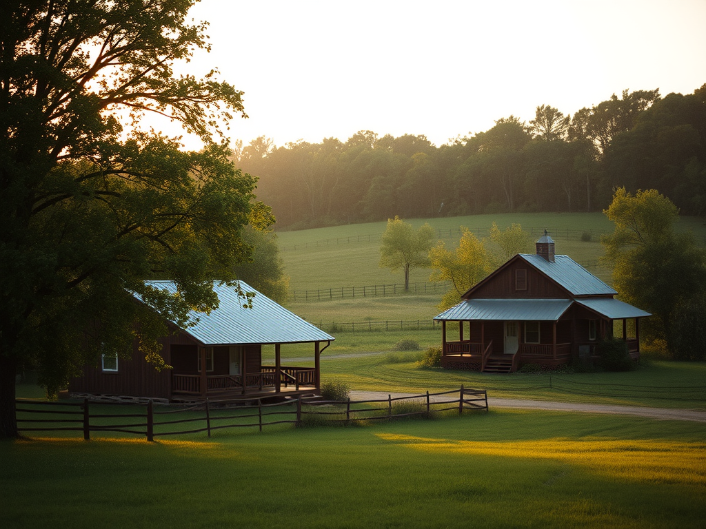 Sunrise view of cabins and pasture at Warrior Rendezvous Farm Stay